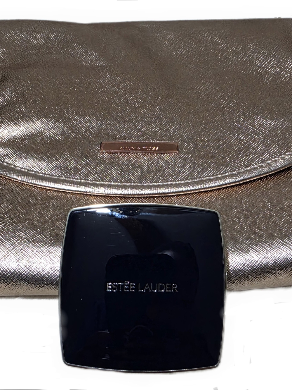 Metallic Rose Gold Envelope Makeup Bag And Estee Lauder Eye Shadow